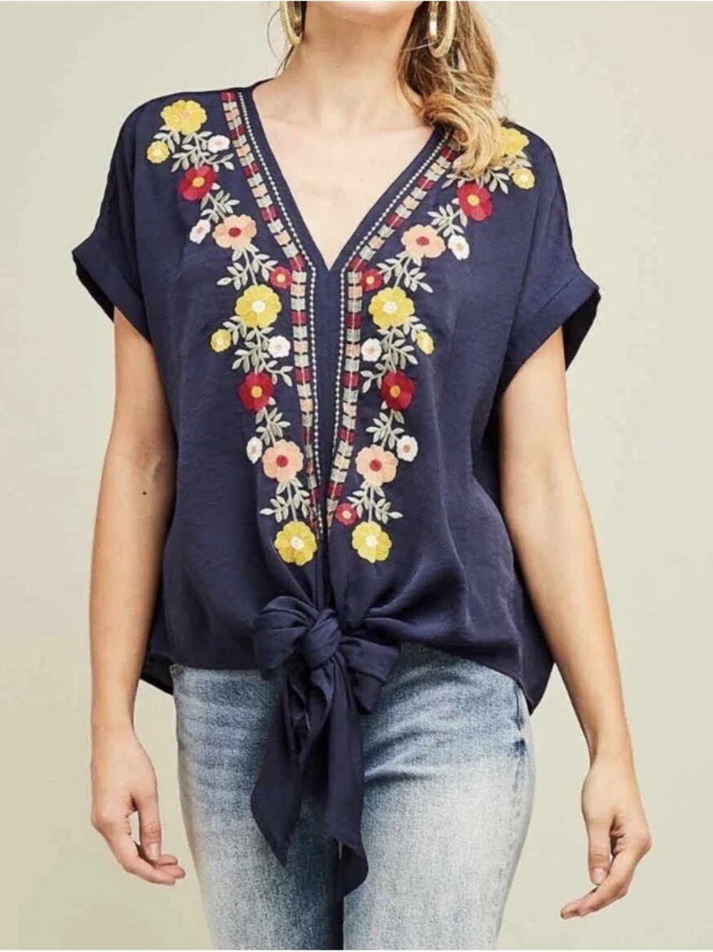 ENTRO Floral Embroidered Short Sleeve V-Neck Top Tunic Navy Oversized Small